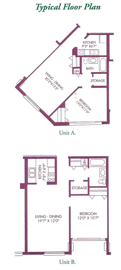 Floor plan for 1 bed, 1 bath, 654 sqft